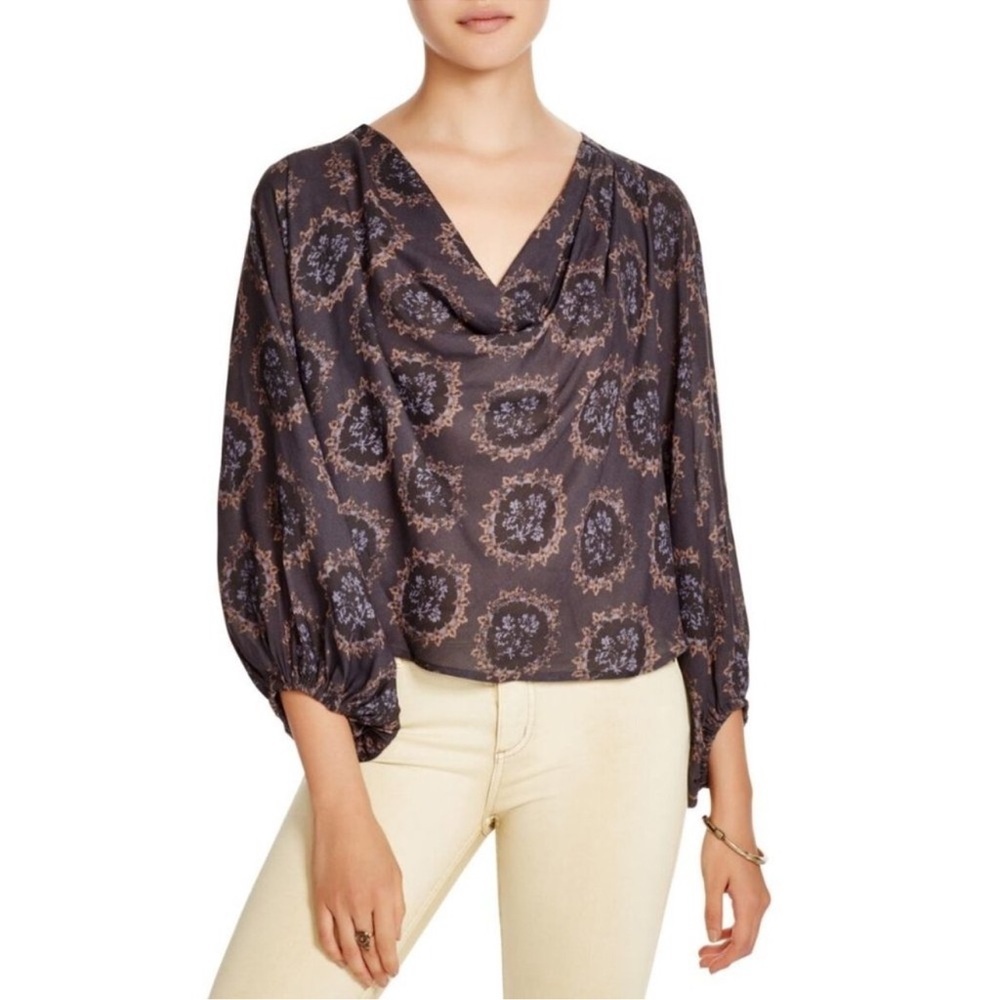 Free People Black Graphic Relaxed Blouse